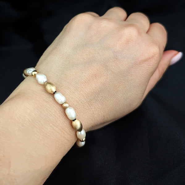 Vintage 14k Yellow Gold Beads & Baroque Pearls Beaded Bracelet Estate 7.75" Gift