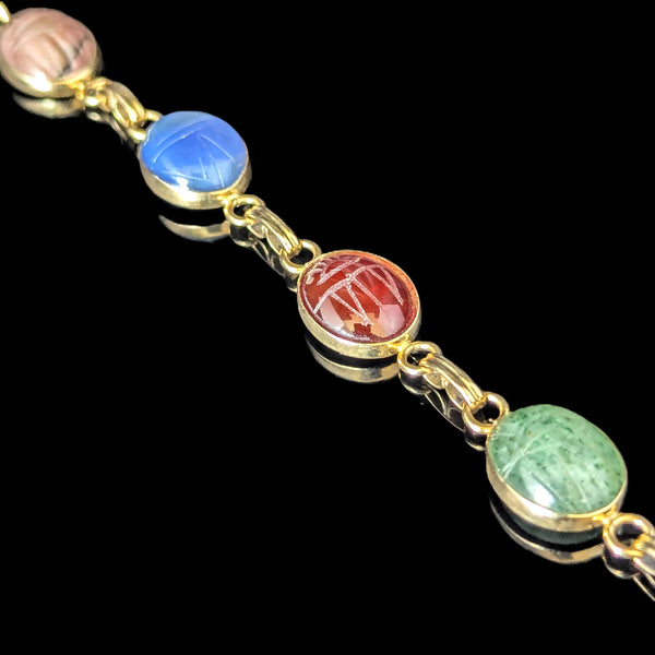 Vintage 14k Yellow Gold Hardstone Scarab Bracelet Talisman Estate Carved Gems