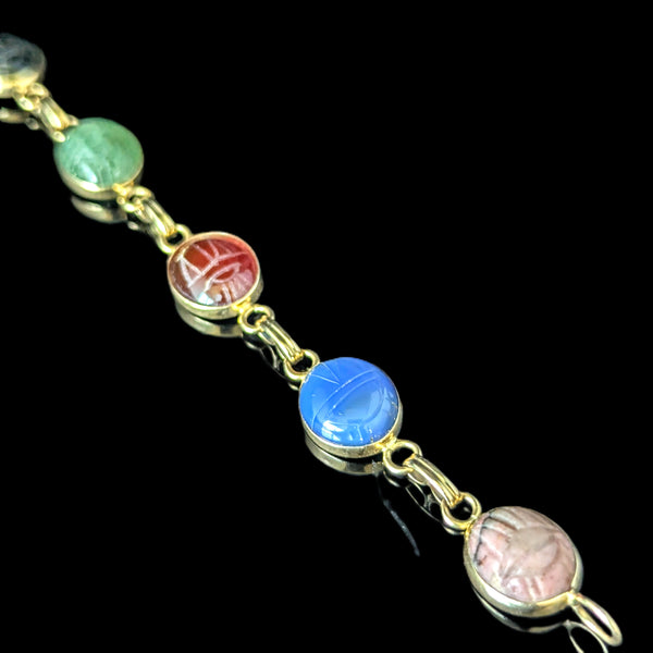 Vintage 14k Yellow Gold Hardstone Scarab Bracelet Talisman Estate Carved Gems