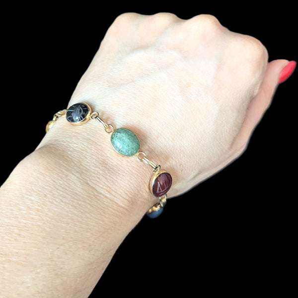 Vintage 14k Yellow Gold Hardstone Scarab Bracelet Talisman Estate Carved Gems