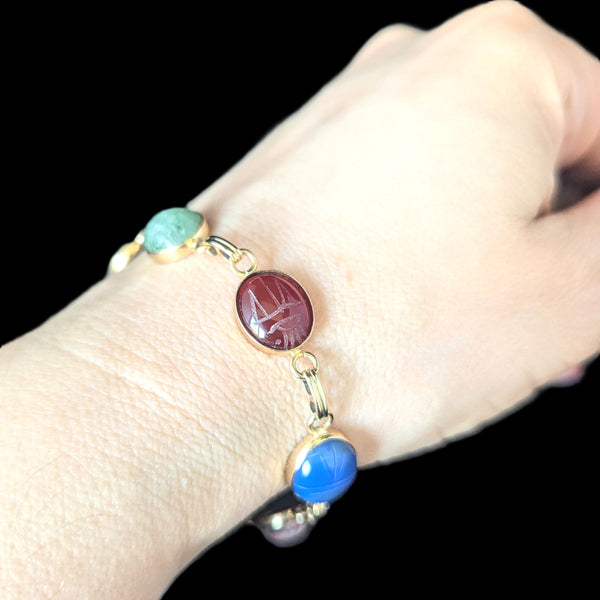 Vintage 14k Yellow Gold Hardstone Scarab Bracelet Talisman Estate Carved Gems