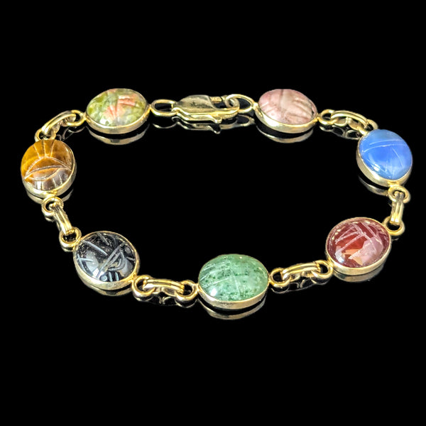 Vintage 14k Yellow Gold Hardstone Scarab Bracelet Talisman Estate Carved Gems