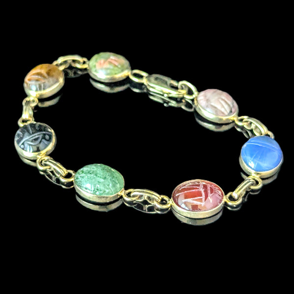 Vintage 14k Yellow Gold Hardstone Scarab Bracelet Talisman Estate Carved Gems