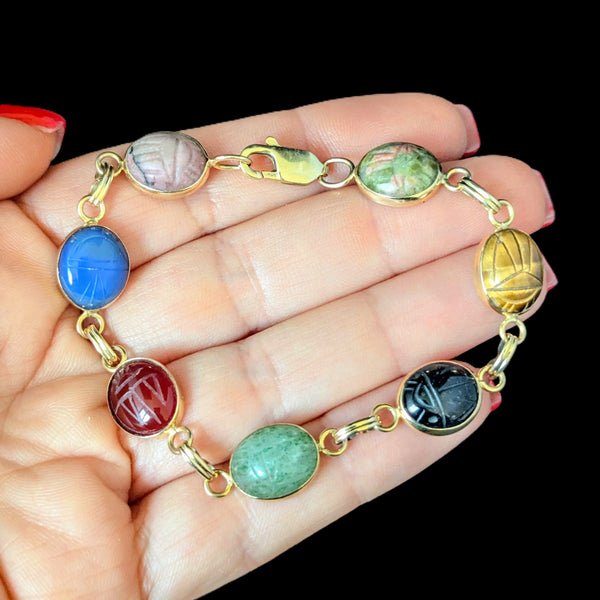 Vintage 14k Yellow Gold Hardstone Scarab Bracelet Talisman Estate Carved Gems