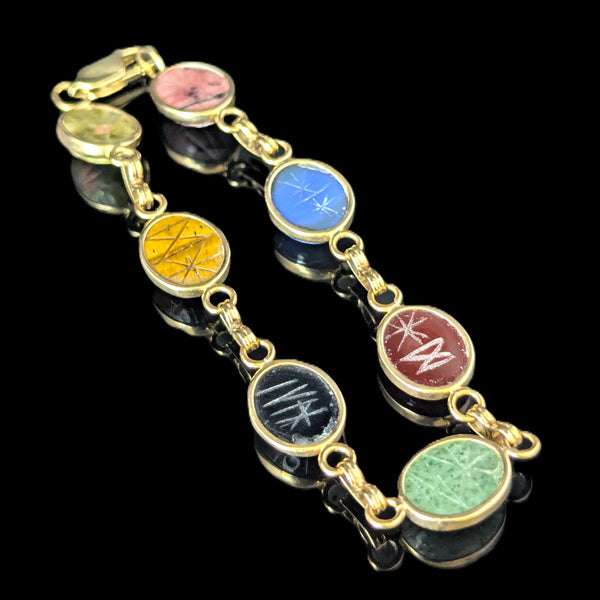 Vintage 14k Yellow Gold Hardstone Scarab Bracelet Talisman Estate Carved Gems