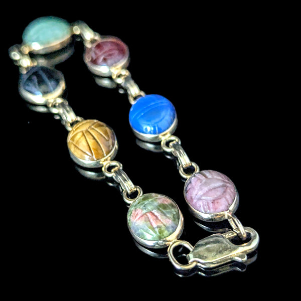 Vintage 14k Yellow Gold Hardstone Scarab Bracelet Talisman Estate Carved Gems