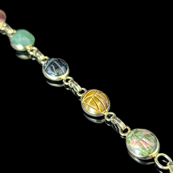 Vintage 14k Yellow Gold Hardstone Scarab Bracelet Talisman Estate Carved Gems