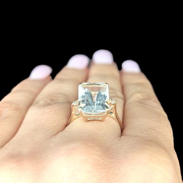 Vintage 14k Yellow Gold Travel Ring Topaz Radiant Cut Engagement Statement Estate 