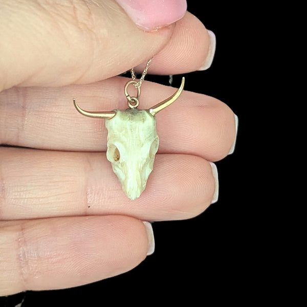 Vintage 17-18k Gold Carved Bovine Bone Bull Skull Pendant on 10k Chain Longhorn