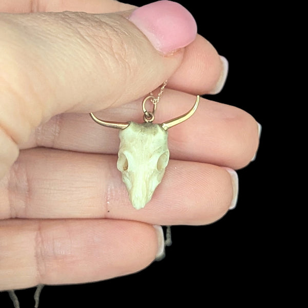 Vintage 17-18k Gold Carved Bovine Bone Bull Skull Pendant on 10k Chain Longhorn