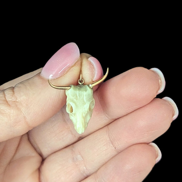 Vintage 17-18k Gold Carved Bovine Bone Bull Skull Pendant on 10k Chain Longhorn