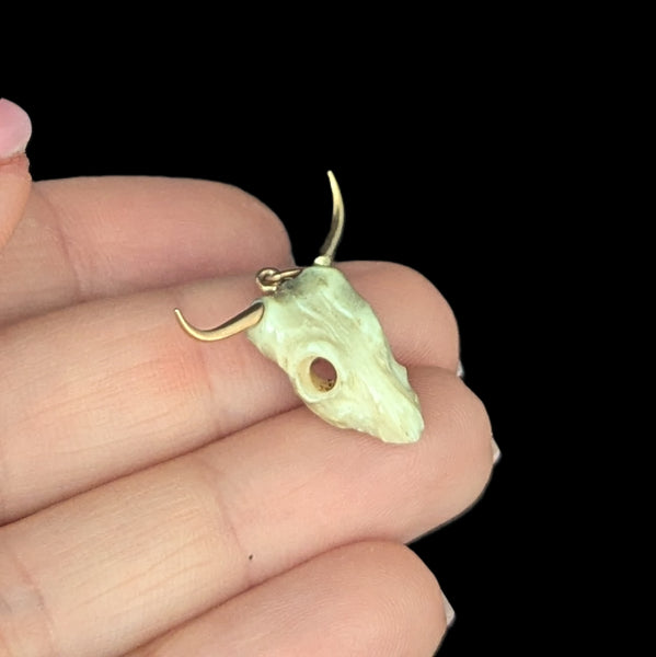 Vintage 17-18k Gold Carved Bovine Bone Bull Skull Pendant on 10k Chain Longhorn