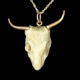 Vintage 17-18k Gold Carved Bovine Bone Bull Skull Pendant on 10k Chain Longhorn
