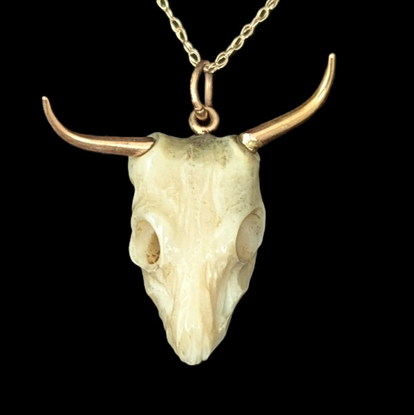 Vintage 17-18k Gold Carved Bovine Bone Bull Skull Pendant on 10k Chain Longhorn