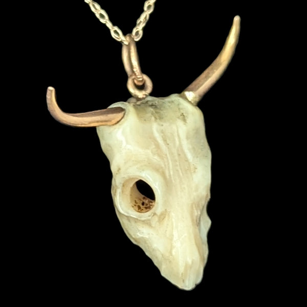 Vintage 17-18k Gold Carved Bovine Bone Bull Skull Pendant on 10k Chain Longhorn