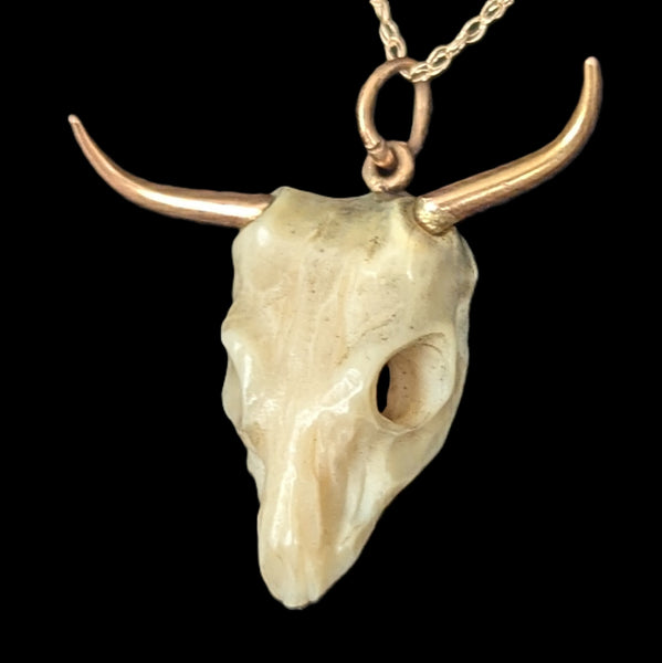 Vintage 17-18k Gold Carved Bovine Bone Bull Skull Pendant on 10k Chain Longhorn