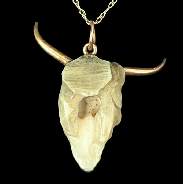Vintage 17-18k Gold Carved Bovine Bone Bull Skull Pendant on 10k Chain Longhorn