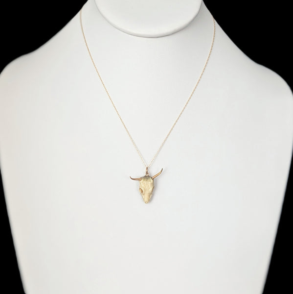 Vintage 17-18k Gold Carved Bovine Bone Bull Skull Pendant on 10k Chain Longhorn