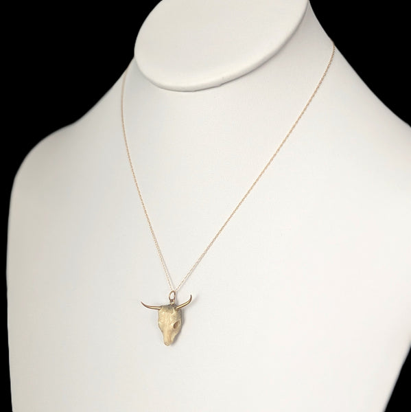 Vintage 17-18k Gold Carved Bovine Bone Bull Skull Pendant on 10k Chain Longhorn