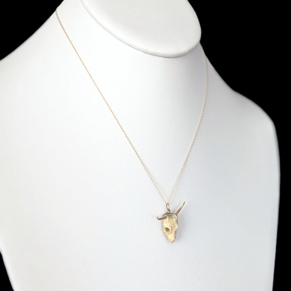 Vintage 17-18k Gold Carved Bovine Bone Bull Skull Pendant on 10k Chain Longhorn