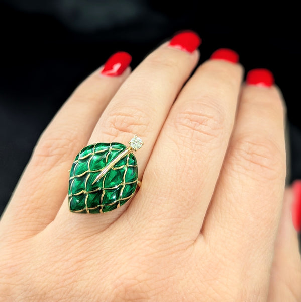 The Cortez - Vintage Diamond Enamel 18k Yellow Gold Cocktail Ring Italy