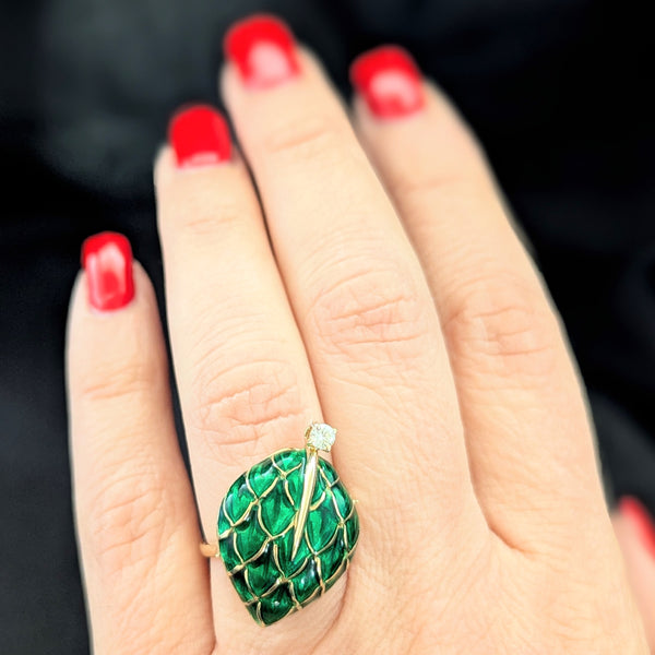 Vintage 18k Yellow Gold Diamond Enamel Statement Cocktail Ring Leaf Motif Italy