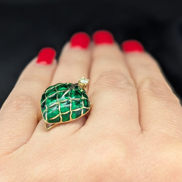 Vintage 18k Yellow Gold Diamond Enamel Statement Cocktail Ring Leaf Motif Italy