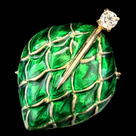 Vintage 18k Yellow Gold Diamond Enamel Statement Cocktail Ring Leaf Motif Italy