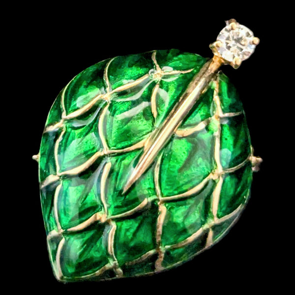 Vintage 18k Yellow Gold Diamond Enamel Statement Cocktail Ring Leaf Motif Italy