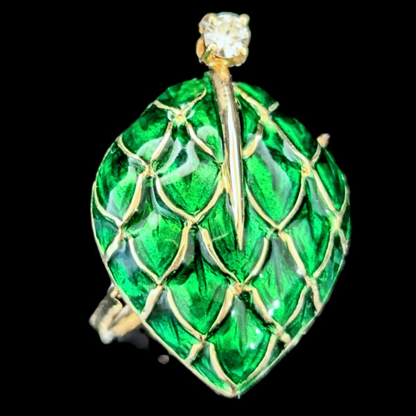 Vintage 18k Yellow Gold Diamond Enamel Statement Cocktail Ring Leaf Motif Italy
