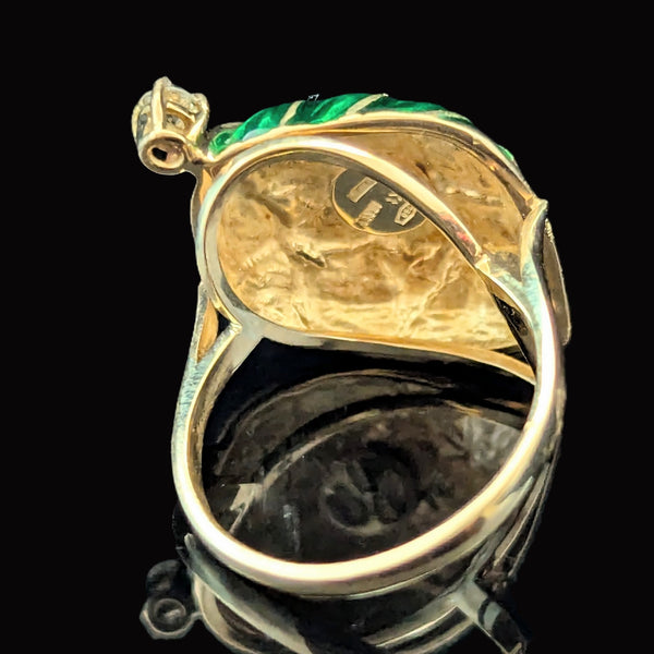 Vintage 18k Yellow Gold Diamond Enamel Statement Cocktail Ring Leaf Motif Italy