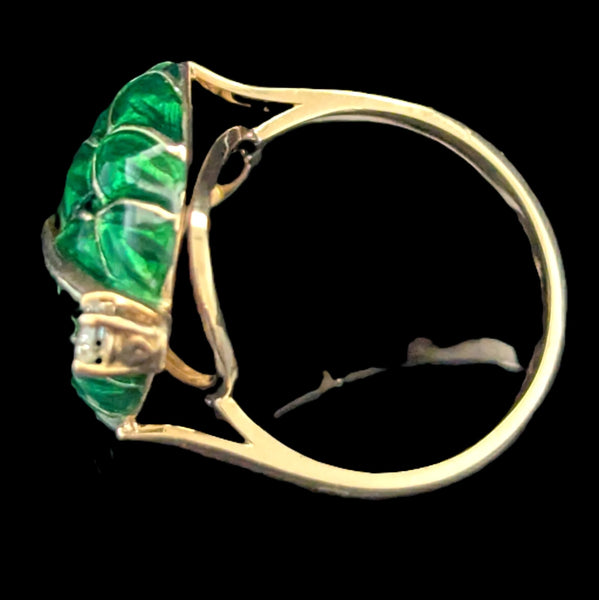 Vintage 18k Yellow Gold Diamond Enamel Statement Cocktail Ring Leaf Motif Italy