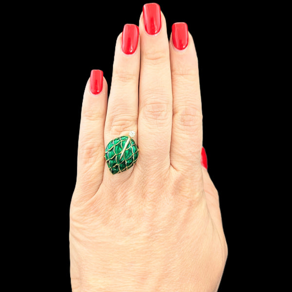 Vintage 18k Yellow Gold Diamond Enamel Statement Cocktail Ring Leaf Motif Italy