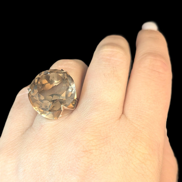 Vintage 1970s 20ct Smoky Quartz 14k Yellow Gold Cocktail Ring Estate Modernistic