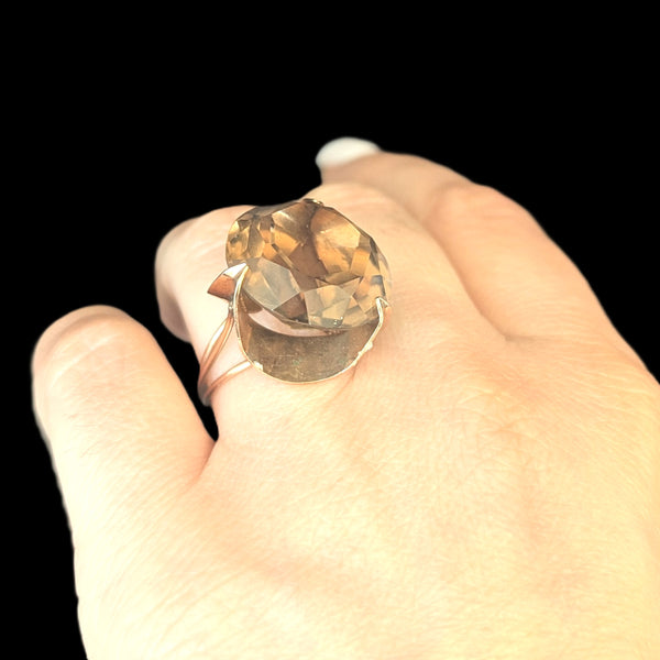Vintage 1970s 20ct Smoky Quartz 14k Yellow Gold Cocktail Ring Estate Modernistic