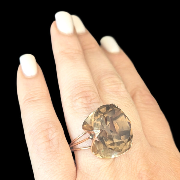 Vintage 1970s 20ct Smoky Quartz 14k Yellow Gold Cocktail Ring Estate Modernistic