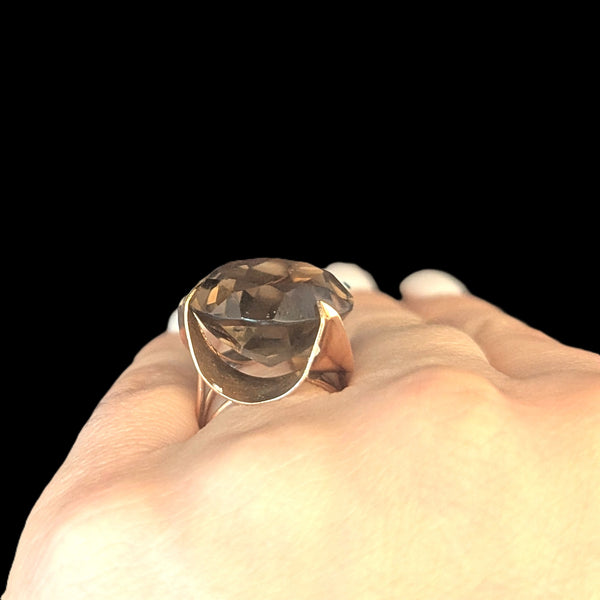 Vintage 1970s 20ct Smoky Quartz 14k Yellow Gold Cocktail Ring Estate Modernistic