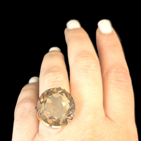 Vintage 1970s 20ct Smoky Quartz 14k Yellow Gold Cocktail Ring Estate Modernistic