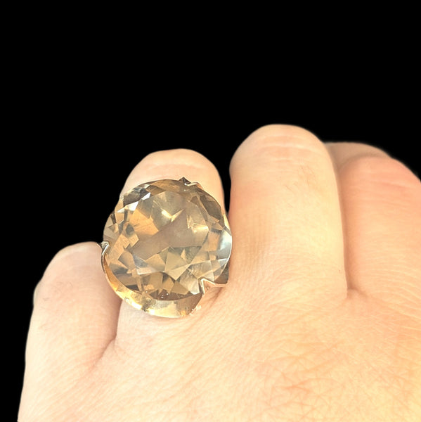 Vintage 1970s 20ct Smoky Quartz 14k Yellow Gold Cocktail Ring Estate Modernistic