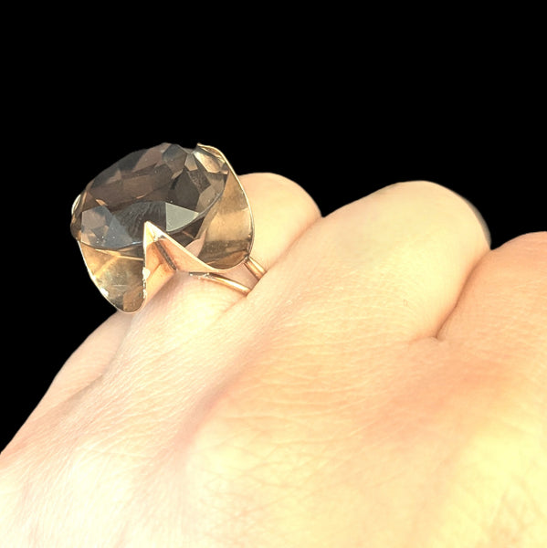 Vintage 1970s 20ct Smoky Quartz 14k Yellow Gold Cocktail Ring Estate Modernistic
