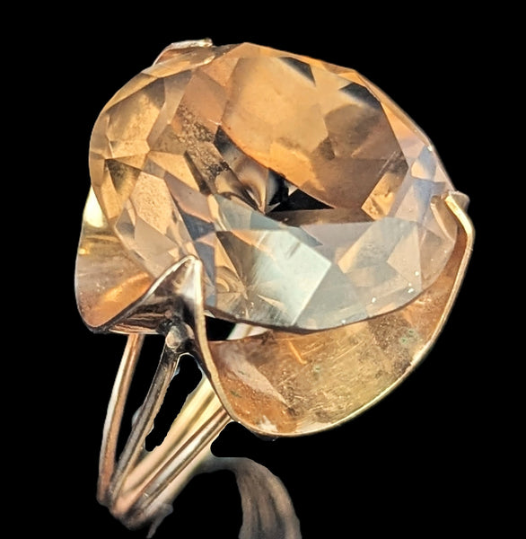 Vintage 1970s 20ct Smoky Quartz 14k Yellow Gold Cocktail Ring Estate Modernistic