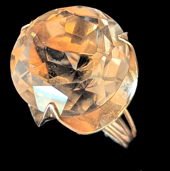 Vintage 1970s 20ct Smoky Quartz 14k Yellow Gold Cocktail Ring Estate Modernistic