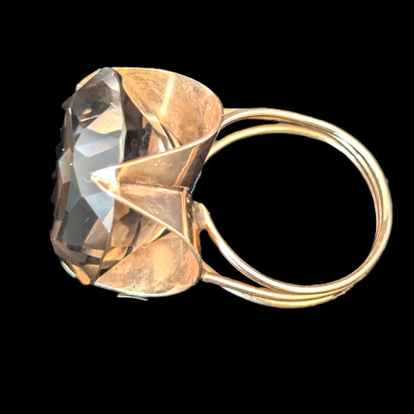 Vintage 1970s 20ct Smoky Quartz 14k Yellow Gold Cocktail Ring Estate Modernistic