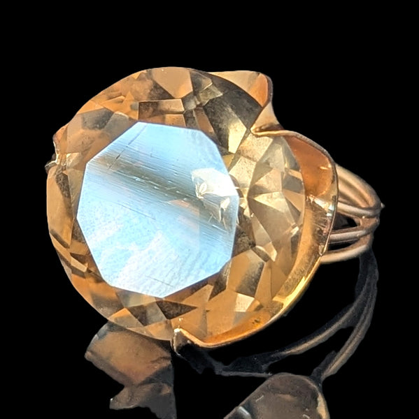 Vintage 1970s 20ct Smoky Quartz 14k Yellow Gold Cocktail Ring Estate Modernistic