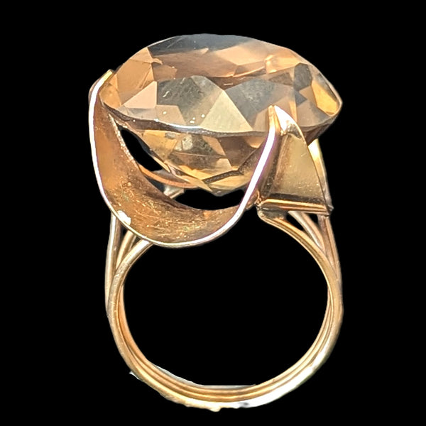 Vintage 1970s 20ct Smoky Quartz 14k Yellow Gold Cocktail Ring Estate Modernistic