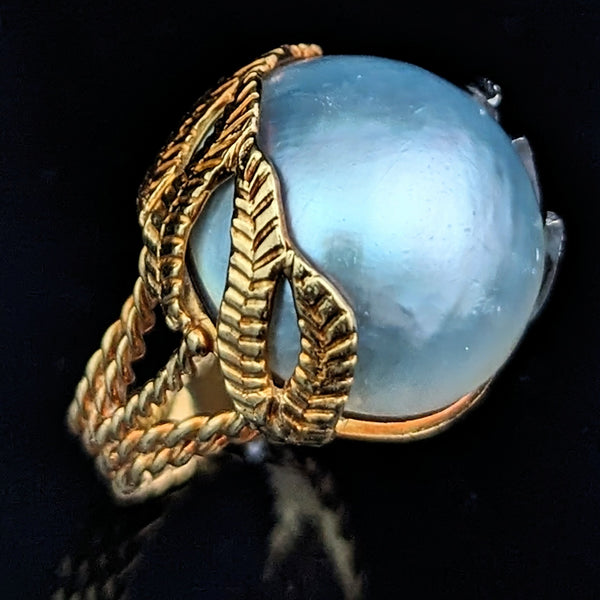 Vintage 20mm Blue Mabe Pearl Diamonds 18k Yellow White Gold Cocktail Ring Estate 