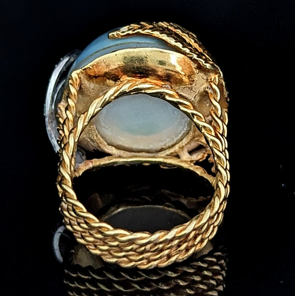 Vintage 20mm Blue Mabe Pearl Diamonds 18k Yellow White Gold Cocktail Ring Estate 