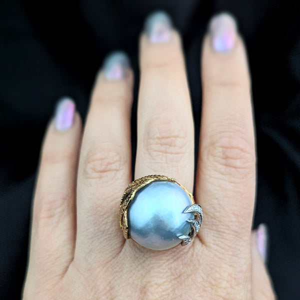Vintage 20mm Blue Mabe Pearl Diamonds 18k Yellow White Gold Cocktail Ring Estate 