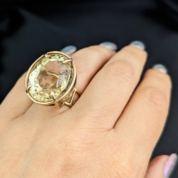 Vintage 28 Carat Fancy Cut Citrine 14k Yellow Gold Cocktail Ring Estate Gift 