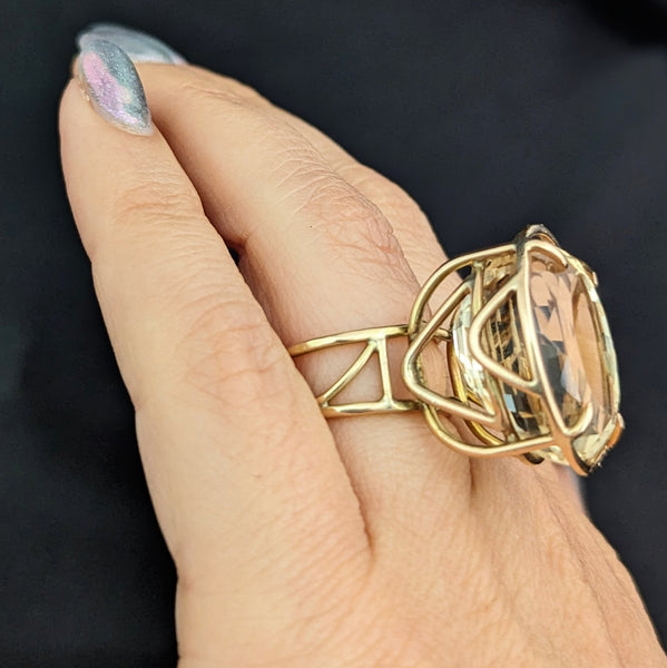 Vintage 28 Carat Fancy Cut Citrine 14k Yellow Gold Cocktail Ring Estate Gift 